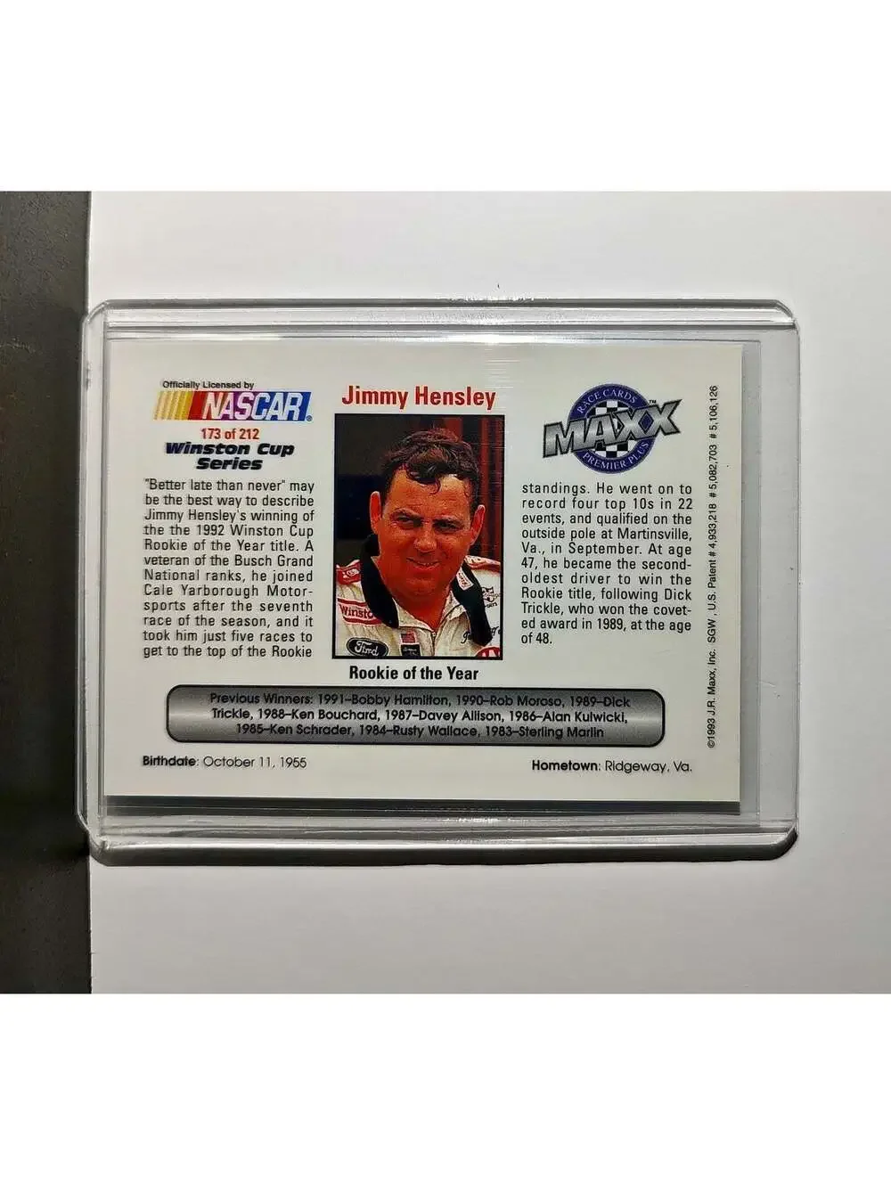 Winston Cup Rookie 1993 Maxx Premier Plus Racing #173 NASCAR Card